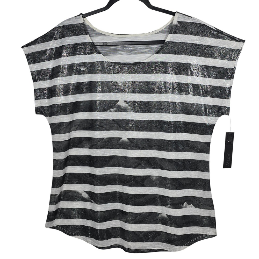 Apt 9 Womens Large Black‎ White Striped Metallic Scoop Neck Short Sleeve Top NEW